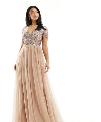 Maya Petite Bridesmaid short sleeve maxi tulle dress with tonal delicate sequins in muted blush-Neutral