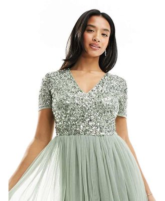 Maya Petite Bridesmaid short sleeve maxi tulle dress with tonal delicate sequins in sage green