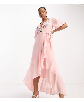 Maya Petite embroidered wrap dress in veiled rose-Pink
