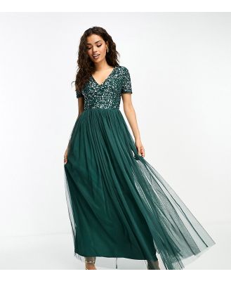 Maya Petite short sleeve maxi tulle dress with tonal delicate sequins in emerald green