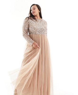 Maya Plus Bridesmaid long sleeve maxi tulle dress with tonal delicate sequin in muted blush-Neutral