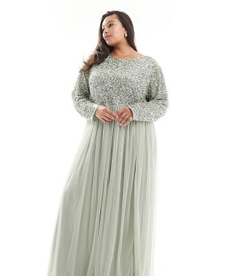 Maya Plus Bridesmaid long sleeve maxi tulle dress with tonal delicate sequin in sage green