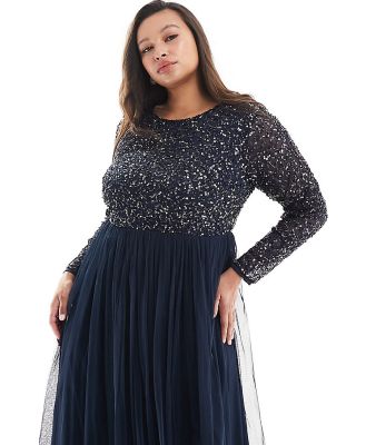 Maya Plus Bridesmaid long-sleeved maxi tulle dress with tonal delicate sequins in navy