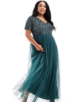 Maya Plus Bridesmaid short sleeve maxi tulle dress with tonal delicate sequins in emerald green