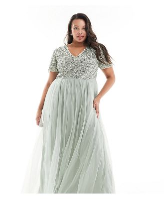 Maya Plus Bridesmaid short sleeve maxi tulle dress with tonal delicate sequins in sage green