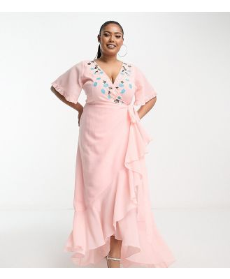 Maya Plus embroidered wrap midaxi dress in veiled rose-Pink