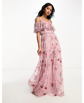 Maya Premium embroidered bardot maxi dress with full skirt in pink multi