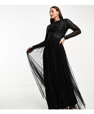 Maya Tall Bridesmaid long sleeve maxi tulle dress with tonal delicate sequin in black