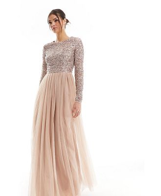 Maya Tall Bridesmaid long sleeve maxi tulle dress with tonal delicate sequin in muted blush-Neutral