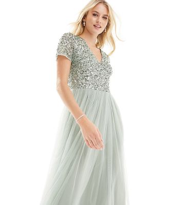 Maya Tall Bridesmaid short sleeve maxi tulle dress with tonal delicate sequins in sage green