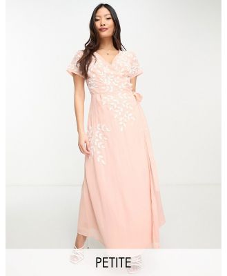Maya wrap midaxi dress with contrast embroidery in peach-Pink