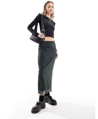Minga London bow detail slinky 90s midi skirt in green check