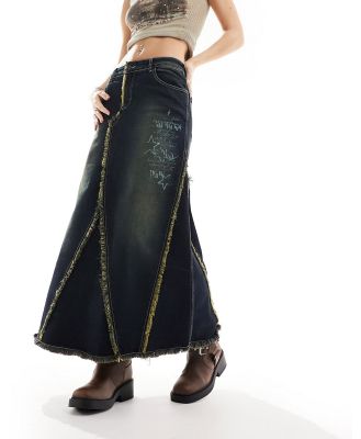 Minga London fit flare maxi denim skirt with Y2K graphic in overdye indigo-Navy