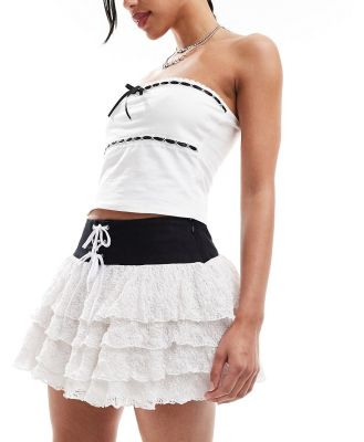 Minga London lace-up belted frill mini rara skirt in white