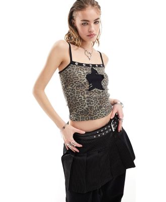 Minga London leopard print cami top with star patch and eyelet trim in multi