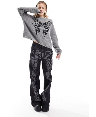 Minga London oversized knitted jumper with butterfly motif in grey