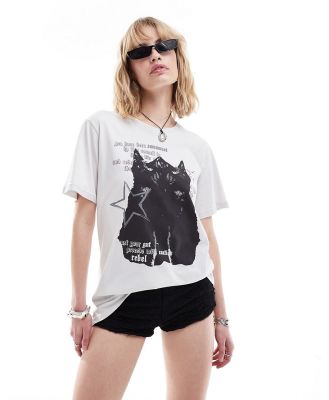 Minga London oversized t-shirt with black cat graphics in off white