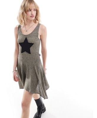 Minga London star patch asymmetric mini dress in khaki-Green