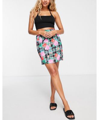 Miss Selfridge button through mini skirt in check floral-Multi