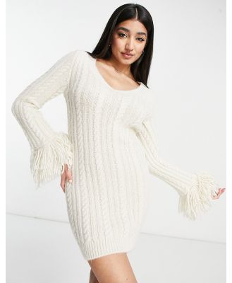 Miss Selfridge cable knit fringe mini dress in cream-White