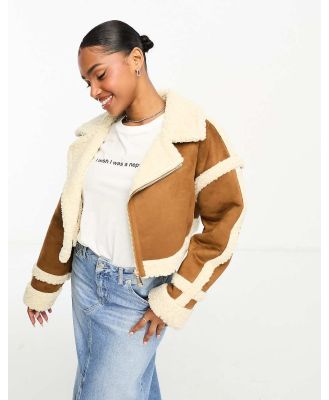 Miss Selfridge crop suedette borg aviator jacket in tan-Brown