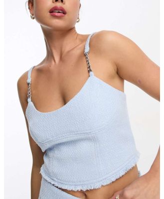 Miss Selfridge cropped chain strap corset top in light blue boucle (part of a set)