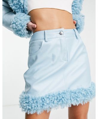 Miss Selfridge faux leather borg trim mini skirt in blue (part of a set)
