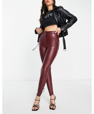 Miss Selfridge faux leather button fly leggings in burgundy-No colour