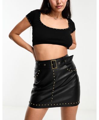Miss Selfridge faux leather studded detail mini skirt in black