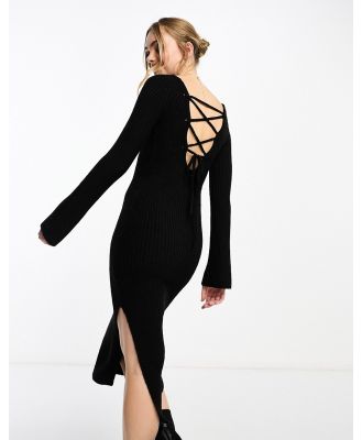 Miss Selfridge fitted knit lattice back maxi dress in black-White