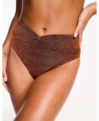 Miss Selfridge glitter twist detail highwaist bikini bottoms in bronze-Brown