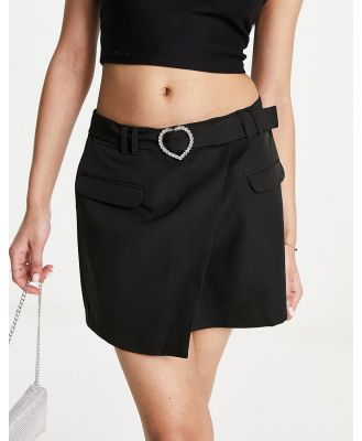 Miss Selfridge heart diamante buckle asymmetric mini skirt in black