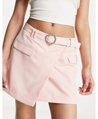 Miss Selfridge heart diamante buckle asymmetric mini skirt in pale pink