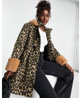 Miss Selfridge leopard duffle swing coat with faux fur hood-Multi