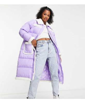 Miss Selfridge Petite borg contrast puffer maxi coat in purple