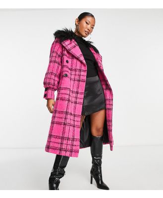 Miss Selfridge Petite check mongolian faux fur collar long coat in pink