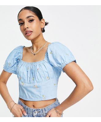 Miss Selfridge Petite embroidered gathered crop top in blue