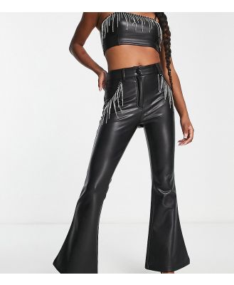 Miss Selfridge Petite faux leather diamante fringe kickflare pants in black