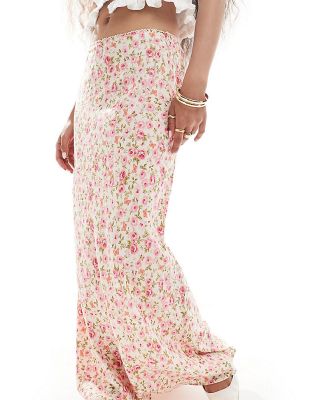 Miss Selfridge Petite picot trim bias maxi skirt in pink floral-Multi