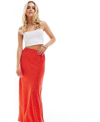 Miss Selfridge Petite picot trim bias maxi skirt in red polka dot