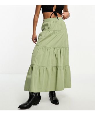 Miss Selfridge Petite poplin tiered maxi skirt in khaki-Green