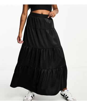 Miss Selfridge Petite satin tiered maxi skirt in black