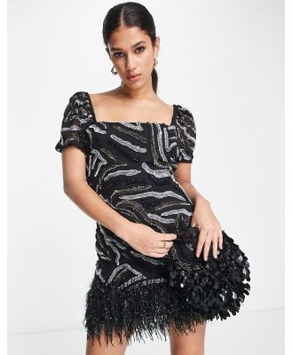 Miss selfridge Premium embellished animal print mini dress with faux feather trim in black