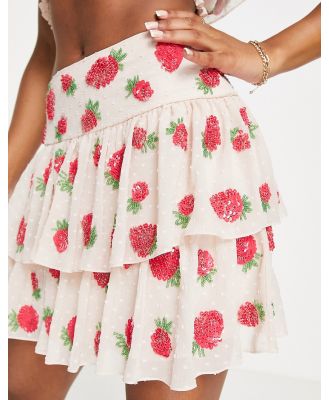 Miss Selfridge Premium embellished strawberry tiered mini skirt in ivory-White