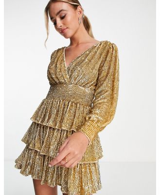 Miss Selfridge Premium festival embellished sequin tiered mini dress with long sleeve in gold