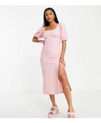 Miss Selfridge puff sleeve midi dress in pink spot-Black