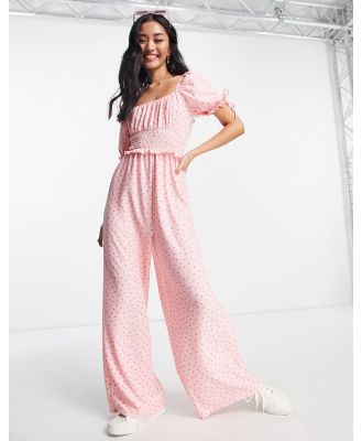 Miss Selfridge shirred puff sleeve jumpsuit in pink spot