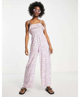 Miss Selfridge shirred strappy jumpsuit in lilac ditsy-Purple