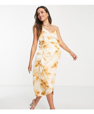 Missguided Maternity asymmetric satin midi dress in cream tie dye-Multi