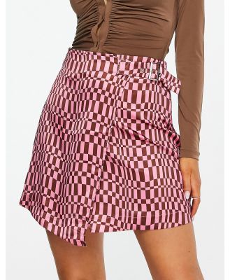Missguided satin wrap mini skirt in pink checkerboard (part of a set)
